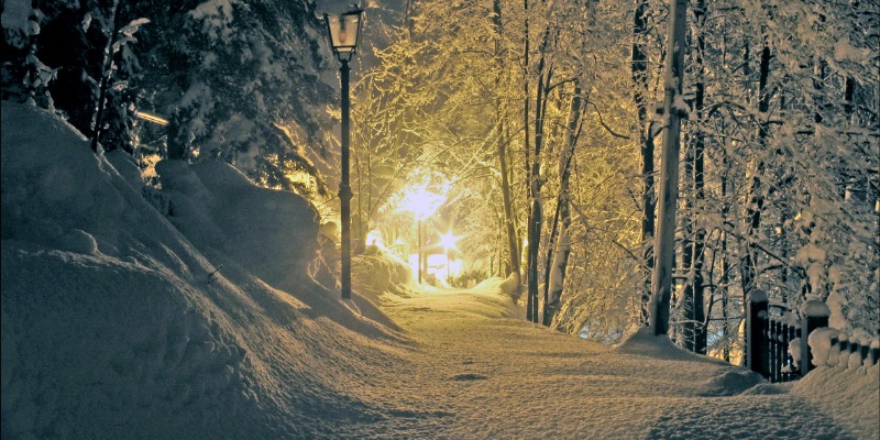 lit pathway during winter